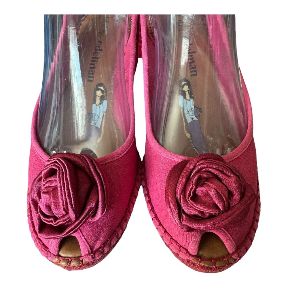 Libby Edelman Curtsy Pink Denim Rosette Wedge peep toe Espadrille size 8.5 - Picture 9 of 16